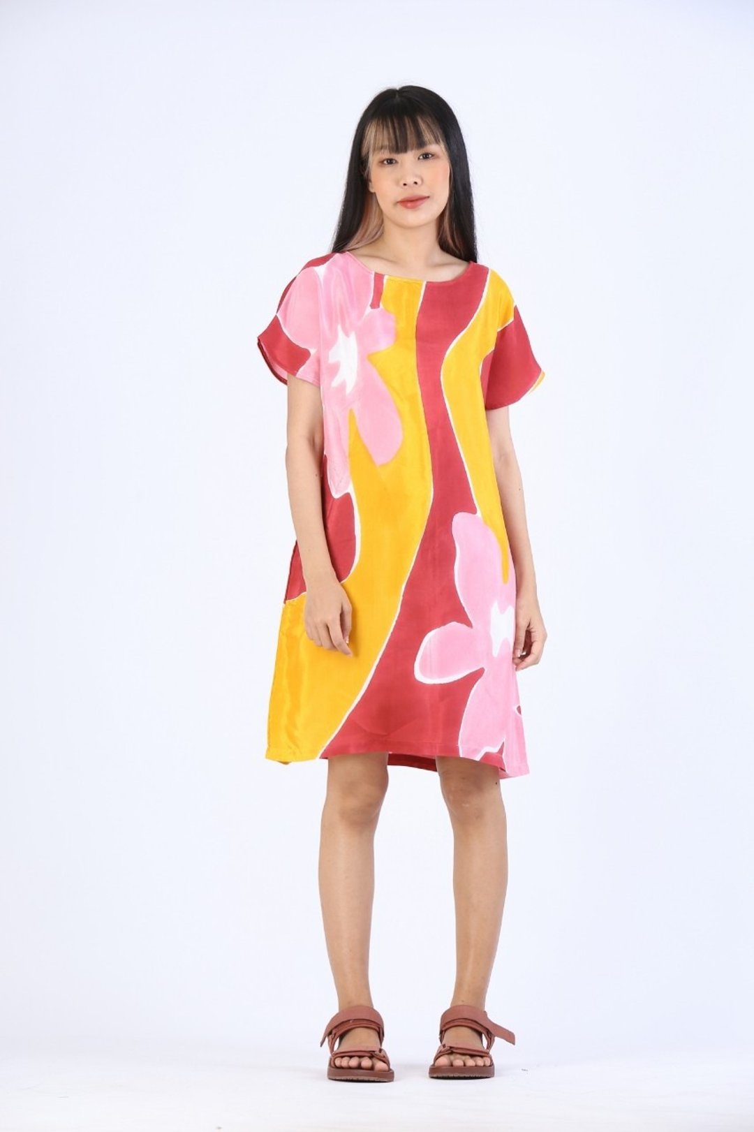 Short Dress Cotton Rayon Hand Paint For Summer Beach Vacatio - 洋装/连衣裙 - 棉 粉红色