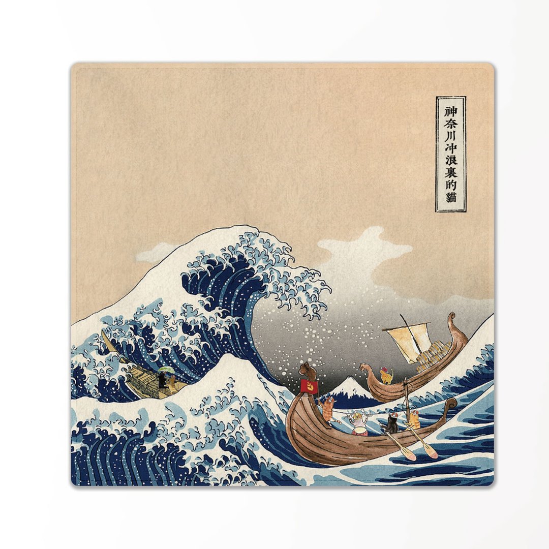 猫浮世绘-神奈川冲浪里的猫小方巾 - 毛巾浴巾 - 其他人造纤维 