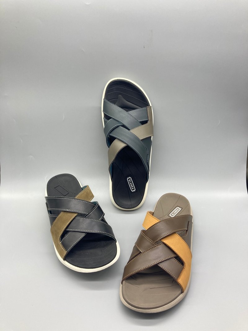 3019 编织款双色真皮运动男凉鞋 - 男女凉鞋 - 真皮 蓝色