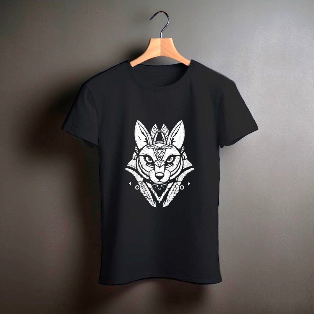 野魂图腾 T-Shirt 雪狐 此页有两色可选 - 男装上衣/T 恤 - 棉 黑色