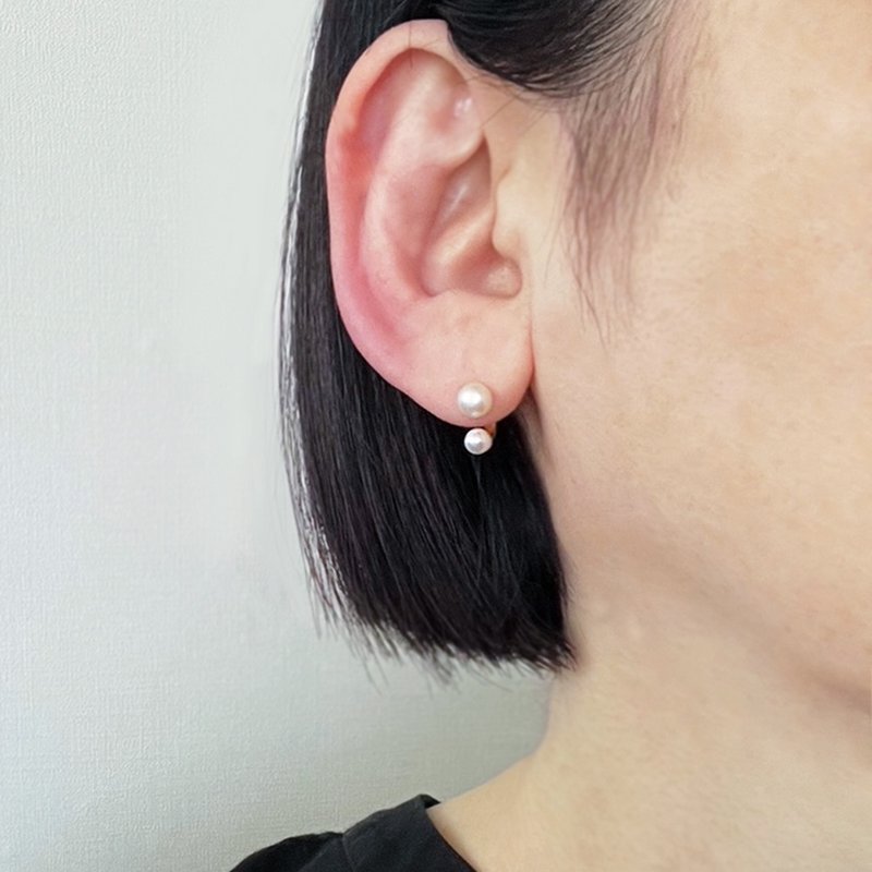 双珍珠两穿耳环 淡水珍珠 简约耳环 - 耳环/耳夹 - 珍珠 白色