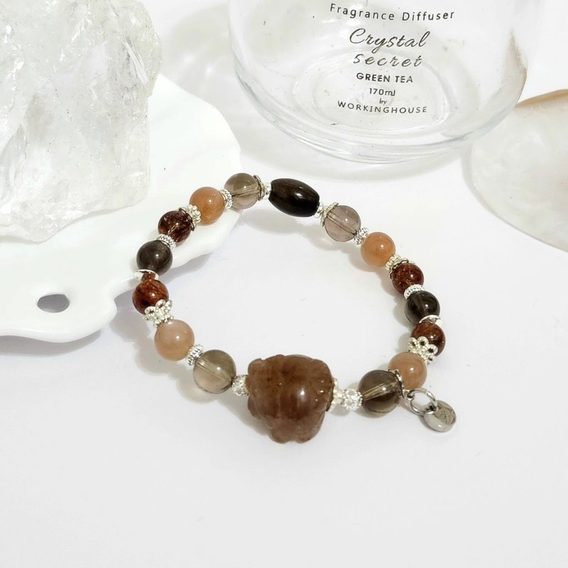 茶晶带铜发龙龟设计手链/聚财/消负能量/避邪之水晶 - 手链/手环 - 水晶 咖啡色