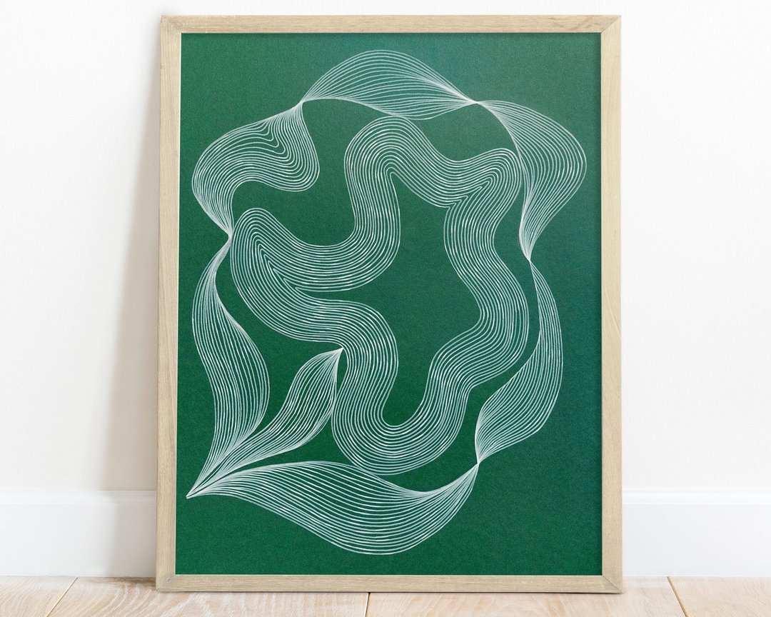 时尚翠绿抽象花卉艺术现代线条画自然爱好者礼物 - 海报/装饰画/版画 - 纸 绿色