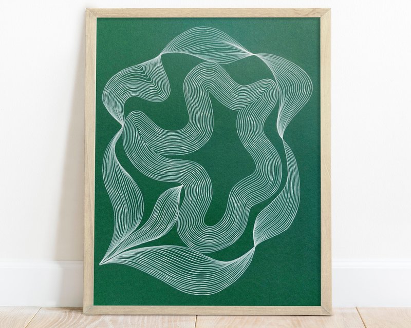 时尚翠绿抽象花卉艺术现代线条画自然爱好者礼物 - 海报/装饰画/版画 - 纸 绿色