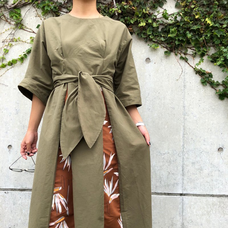 3way ribbon change autumn color khaki one-piece dress - 洋装/连衣裙 - 棉．麻 卡其色
