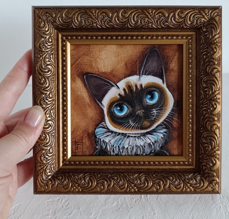 戴颈圈的暹罗小猫油画原画猫咪艺术 10*10 厘米 - 墙贴/壁贴 - 其他金属 金色