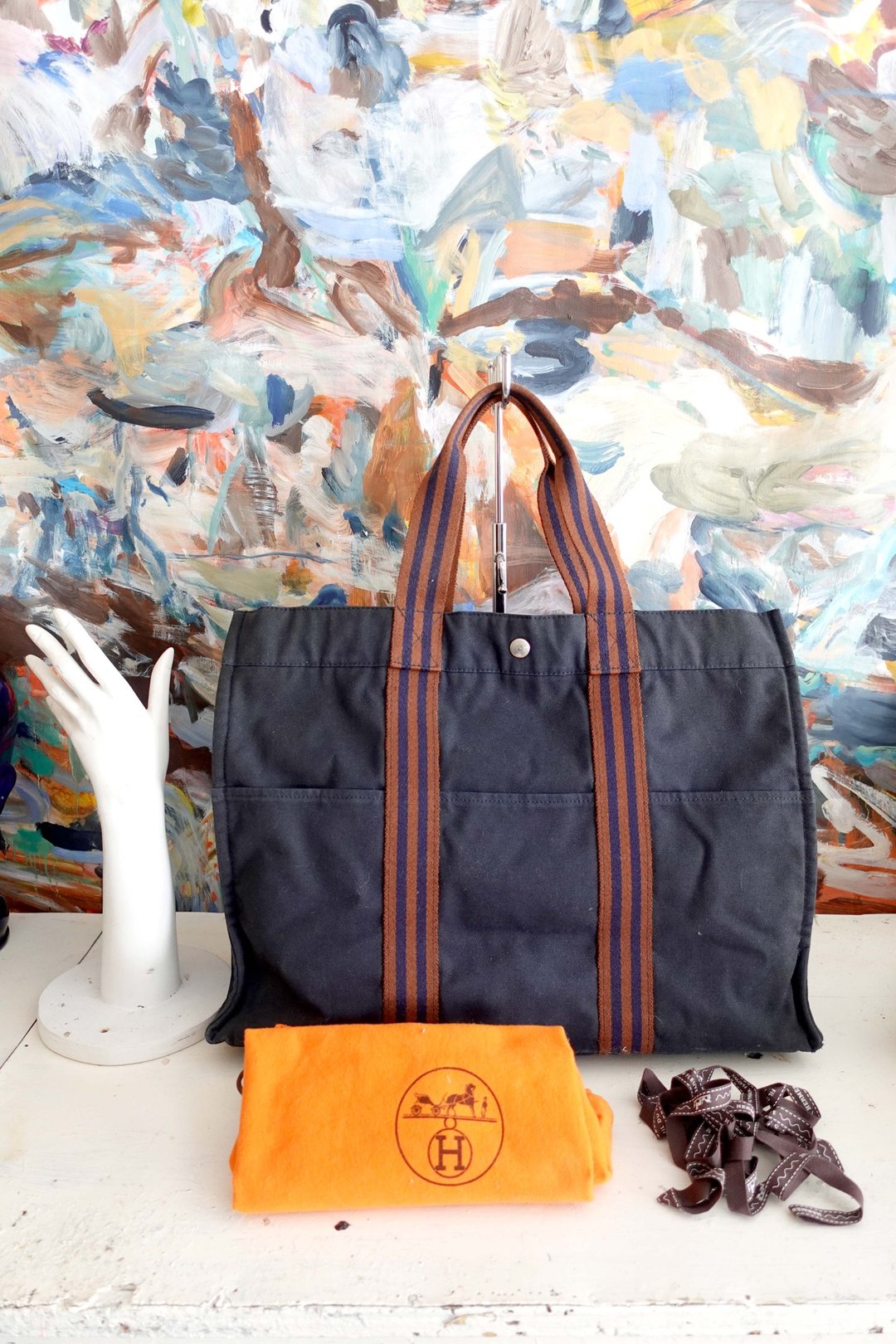 法国正版中古品Hermes Canvas BookTote深蓝色红间条手袋手提包包 - 手提包/手提袋 - 棉 蓝色