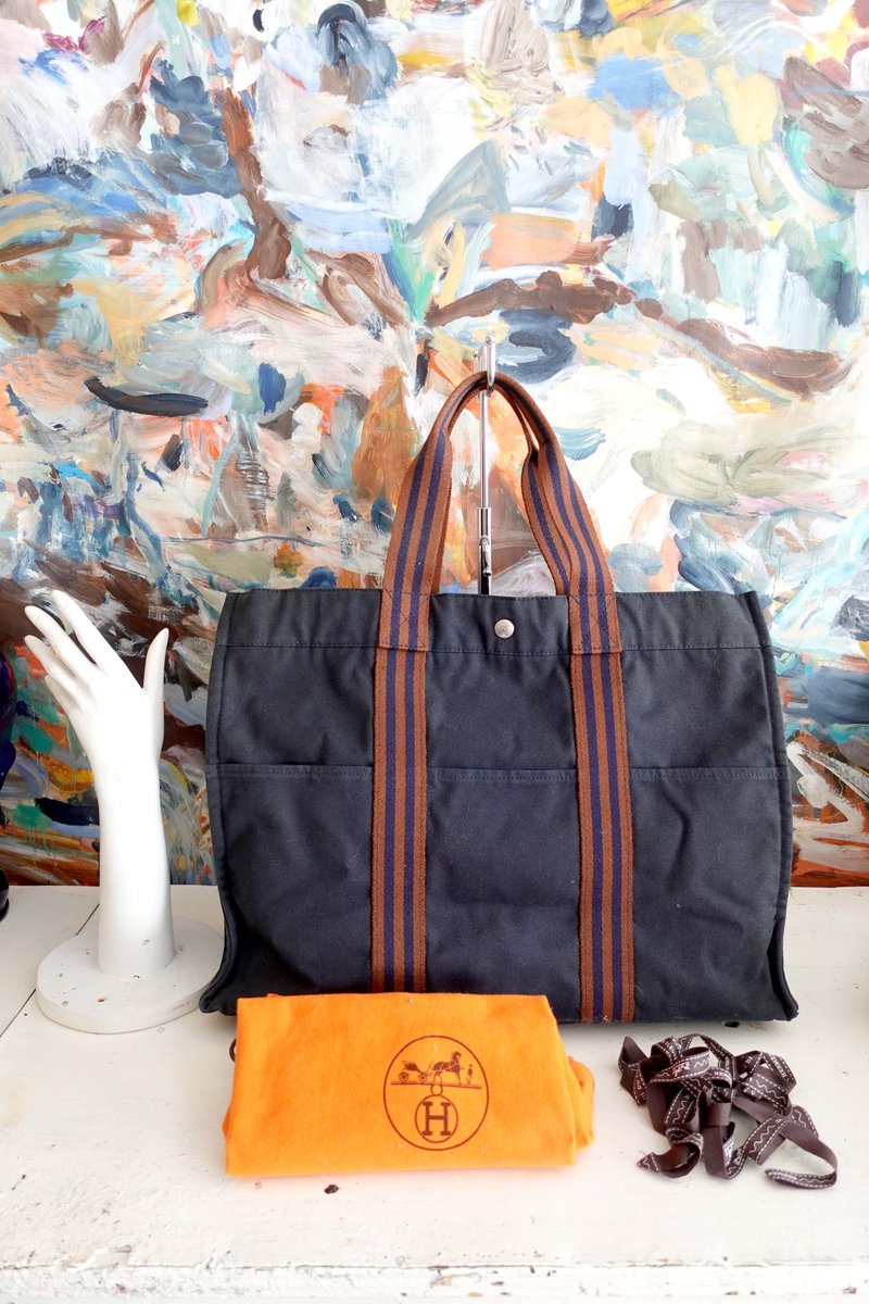 法国正版中古品Hermes Canvas BookTote深蓝色红间条手袋手提包包 - 手提包/手提袋 - 棉．麻 蓝色