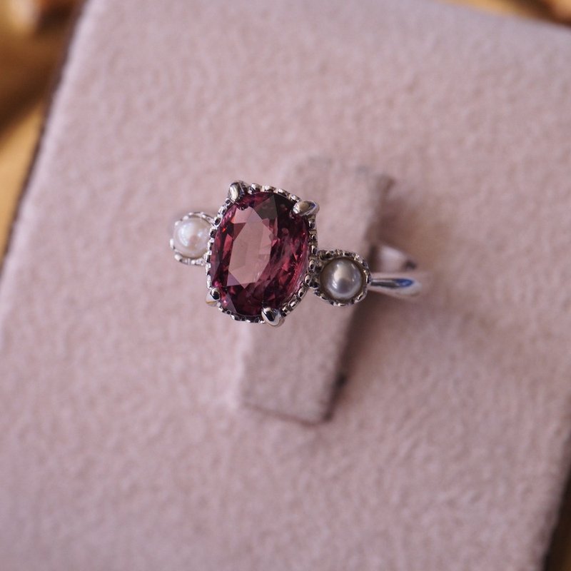 天然尖晶石 2.03ct 珍珠 手工纯银镀金戒指 Spinel handmade ring - 戒指 - 宝石 紫色