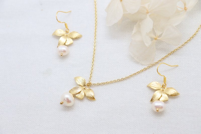 兰花与白色圆形淡水珍珠项链耳环，新娘项链 - 项链 - 珍珠 