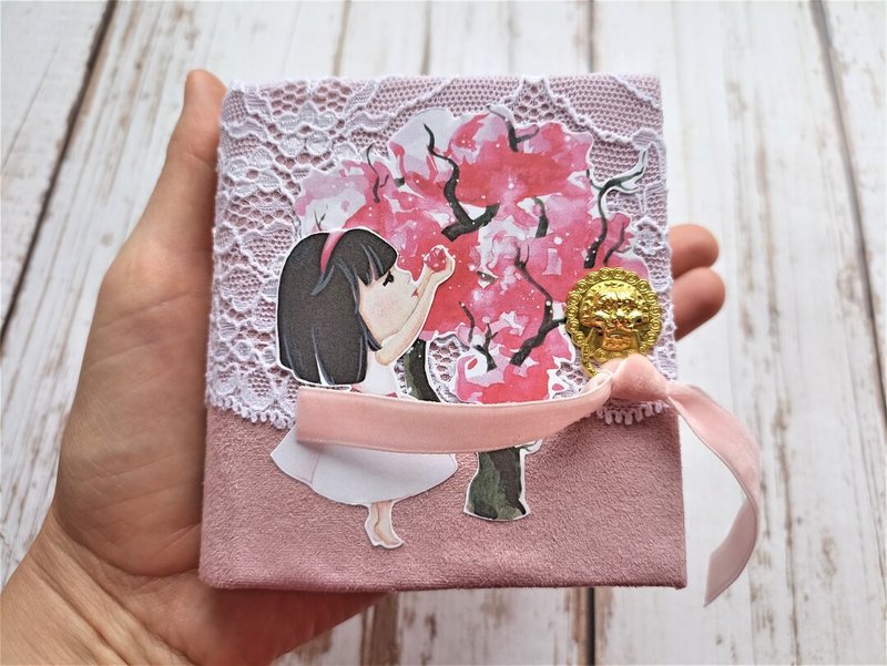 Asian junk journal handmade lace Tiny rose diary for sale Asian girl notebook - 笔记本/手帐 - 纸 粉红色