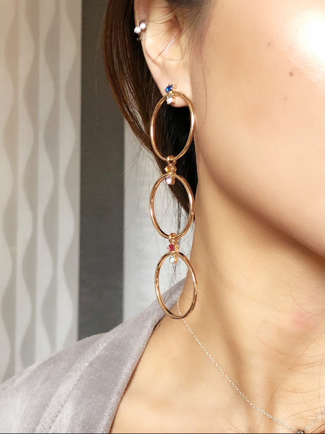 Vintage Triple Circles Gold Drop Earrings with Multi-Color Crystals - 耳环/耳夹 - 贵金属 金色