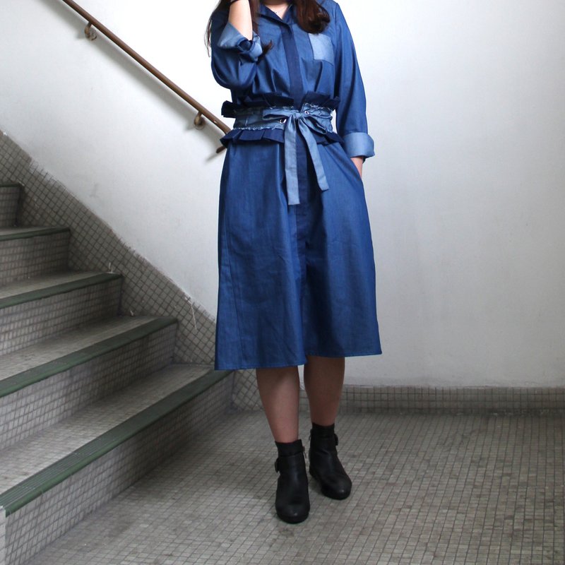 牛仔腰封腰带连身裙 - 洋装/连衣裙 - 棉．麻 