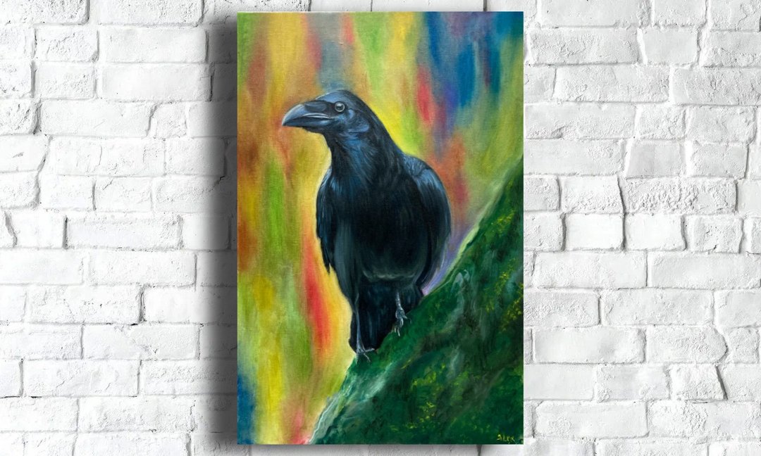 Raven Oil Painting Original, Oil On Canvas, Animal Artwork, Bird Art, Crow Decor - 海报/装饰画/版画 - 其他材质 多色