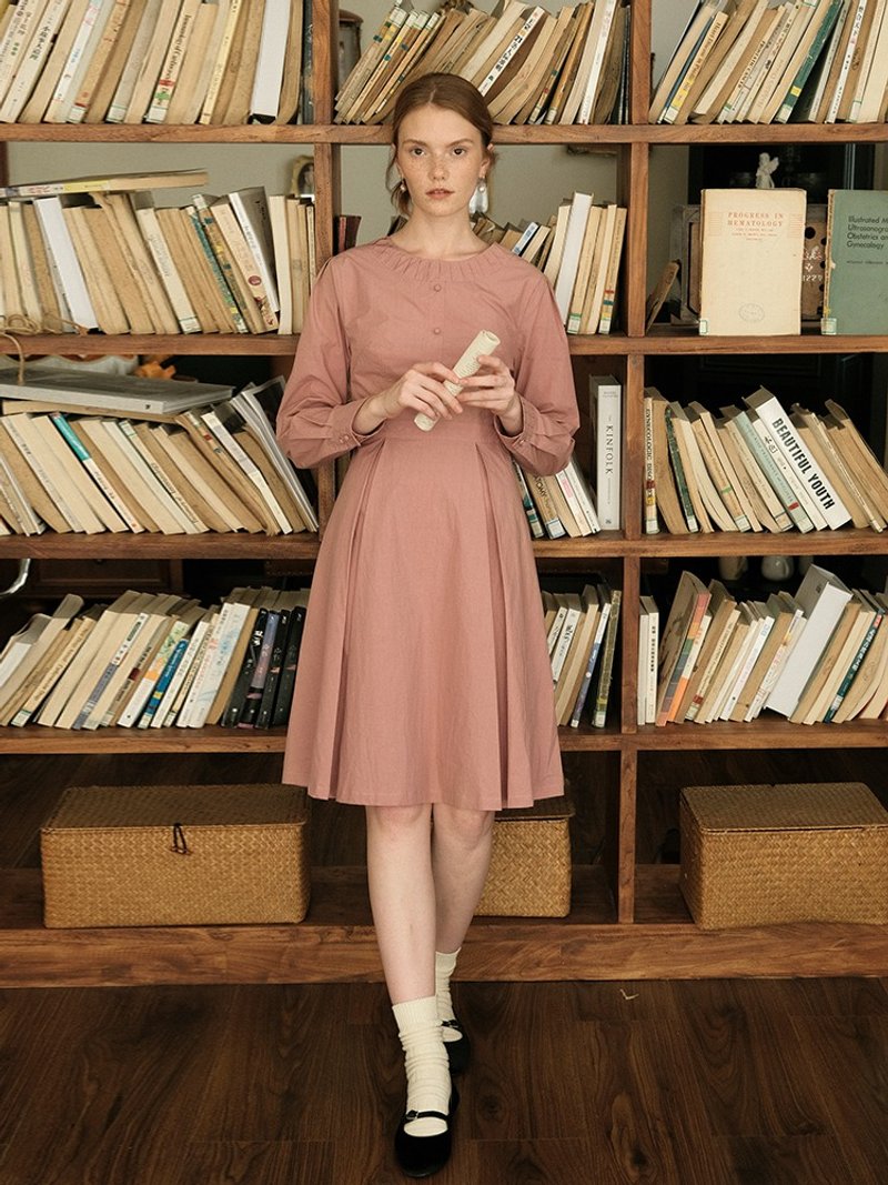 MintCheese 法式复古典感肌理质感 收腰连衣裙 气质灰粉/白 - 洋装/连衣裙 - 棉．麻 粉红色