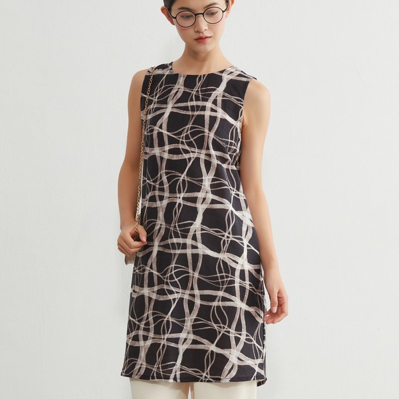 抽象波浪格纹无袖后打褶长款上衣 - 洋装/连衣裙 - 尼龙 黑色