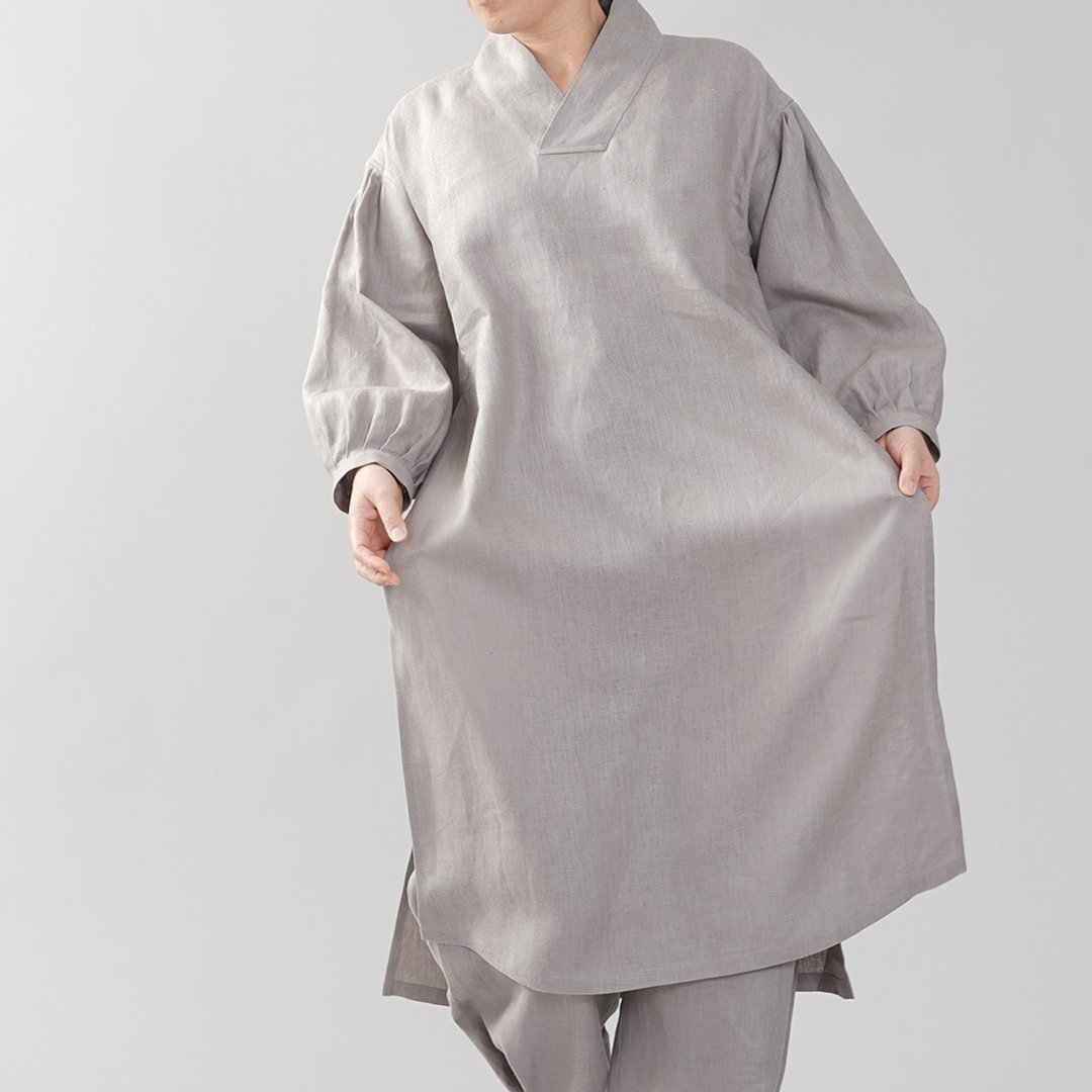 wafu - 純亞麻洋裝 Midweight Linen Asian Oldfashion Dress / Ash Pearl a084h-asp2 - 洋装/连衣裙 - 亚麻 灰色