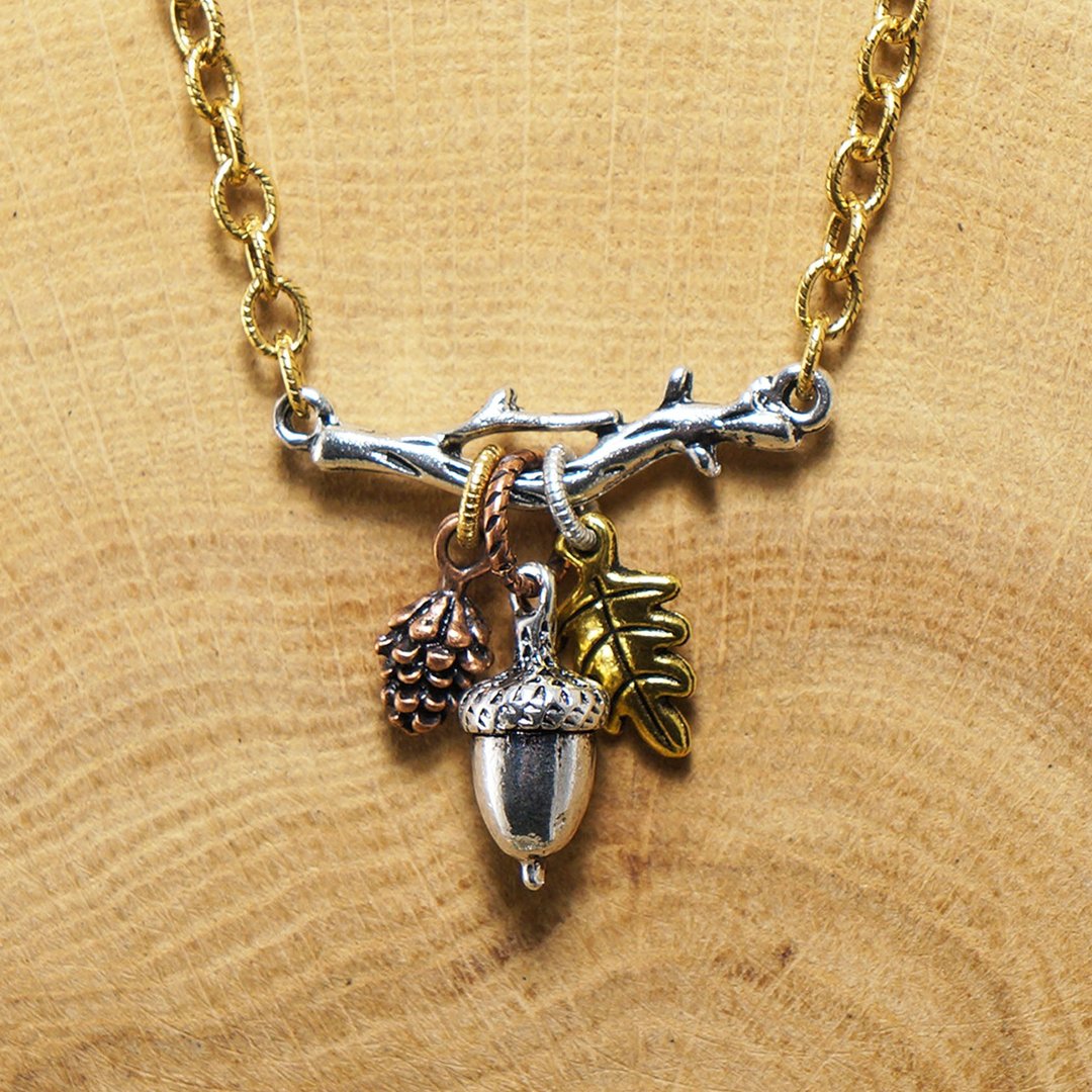 Acorn Branch Pine Cone Oak Leaf Mixed 3 Metal Forest Woodland Necklace Jewelry - 项链 - 其他金属 银色