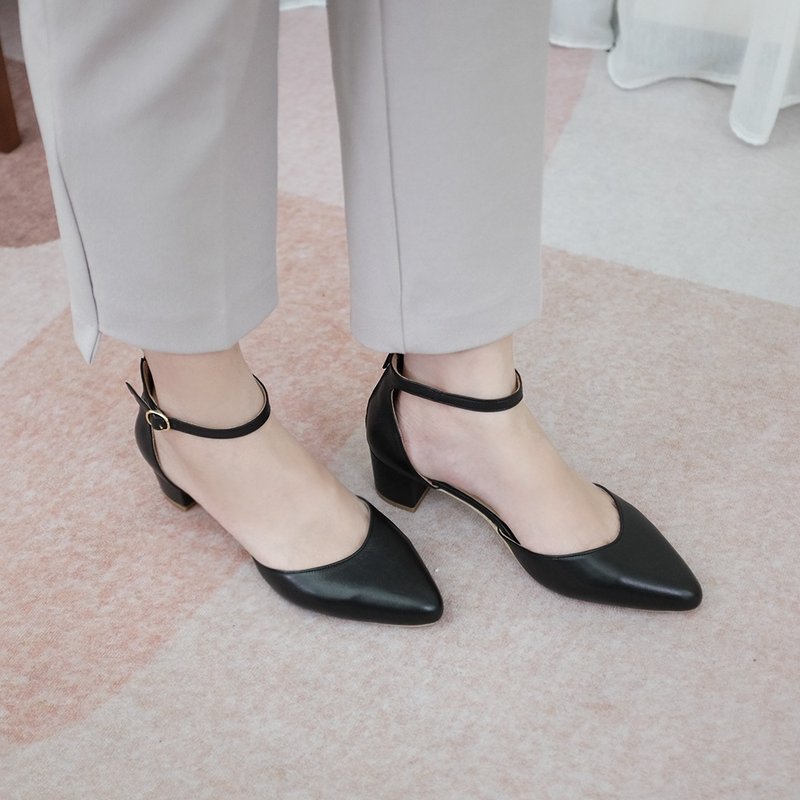 后拉链设计! 不掉脚尖头中跟鞋 黑 全真皮 MIT -黑樱桃 - 高跟鞋 - 真皮 黑色