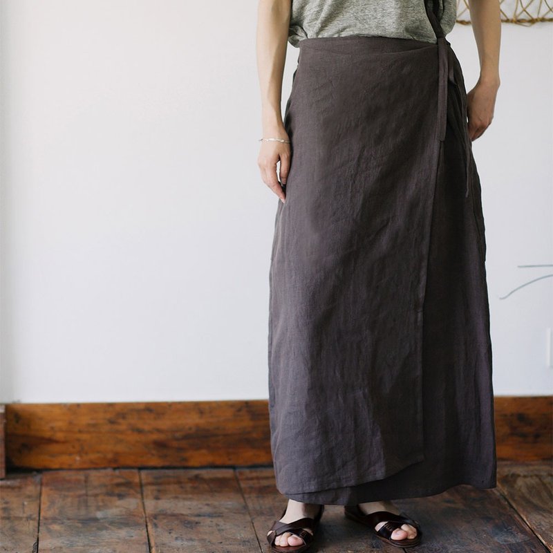 復古亞麻繫帶裹裙 / 松緊直筒半身設計 / 文藝寬鬆一步裙 - 裙子 - 棉．麻 灰色