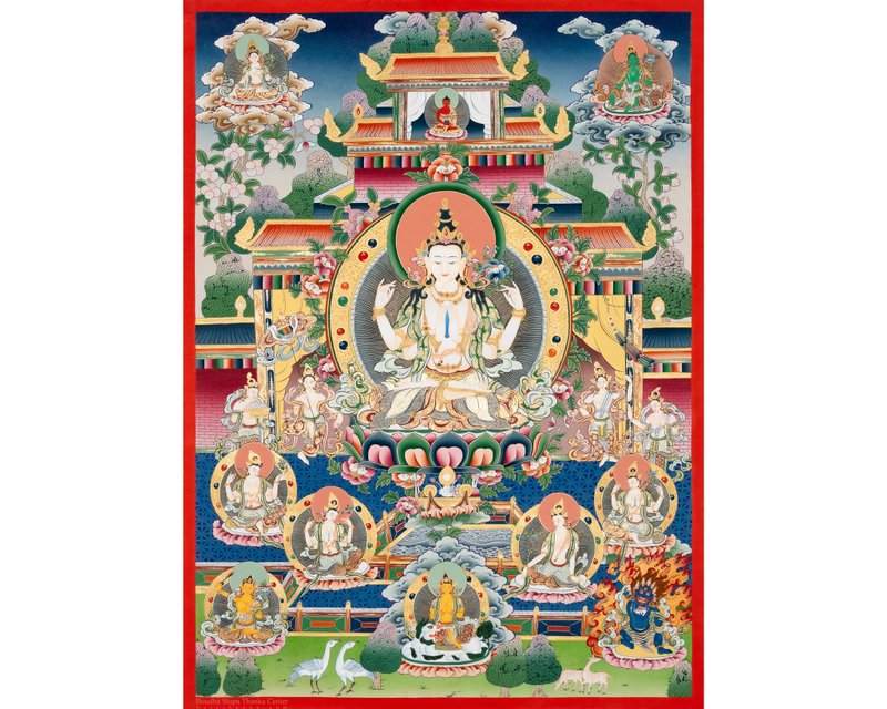 24K 黄金佛教观音狮身唐卡画布艺术 - 墙贴/壁贴 - 其他材质 多色