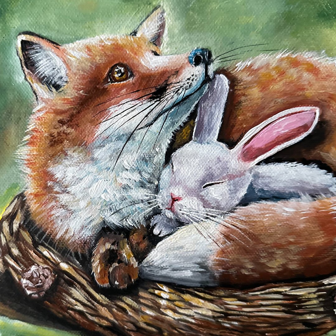 狐狸原创绘画、兔子墙艺术、狐狸墙壁装饰、动物绘画、森林 - 墙贴/壁贴 - 棉 多色