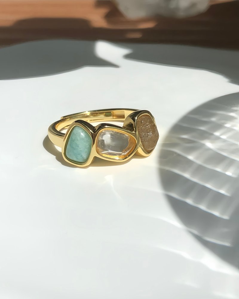 【自信丰盛 ✕ 正向沟通】天河石 × 白水晶 × 黄发晶 | 925纯银 - 戒指 - 纯银 白色