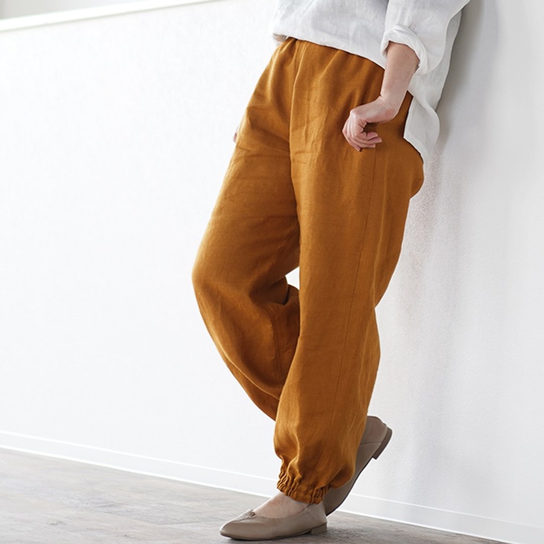 wafu --Ama 褲 子 Midweight Linen Unisex Monpe Pants / Amber b005d-kau2 - 中性裤装 - 亚麻 橘色