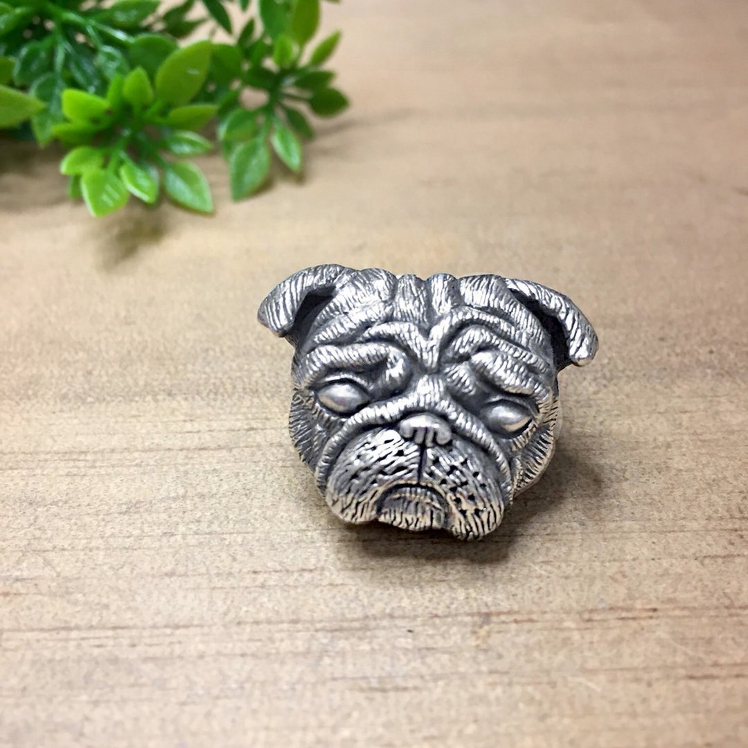 写实 大头 巴哥犬 银戒指 - 戒指 - 纯银 银色