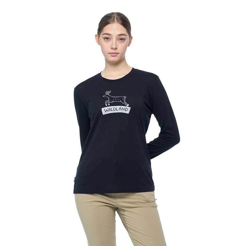 【Wildland 荒野】100%美丽诺印花长袖上衣 女 黑色 0B02601-54 - 女装针织衫/毛衣 - 羊毛 黑色