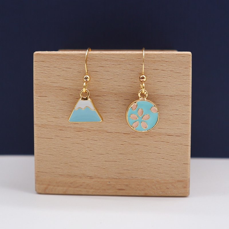 【富士山】美景 樱花 耳勾 耳夹 浪漫 生日礼物 夹式耳环 FUJI - 耳环/耳夹 - 铜/黄铜 蓝色