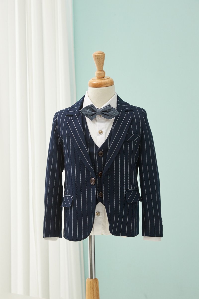 HAO.HAO kids 特务直条纹西装-白线条深蓝(三件组) - 童装礼服/连衣裙 - 其他材质 蓝色