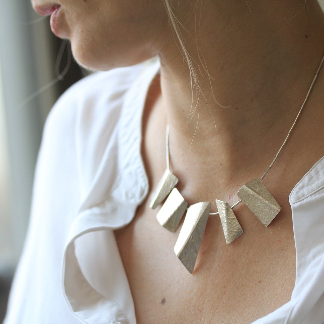 Handmade bib necklace with bended textured silver pieces (N0070) - 项链 - 银 银色