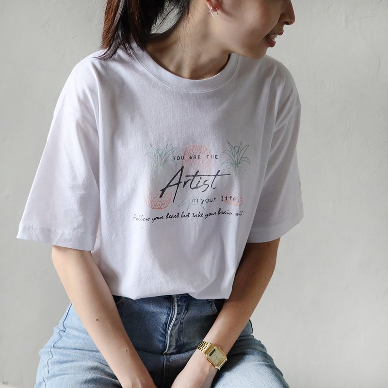 MIT棉柔中性Tee / Artist夏日渐层凤梨 - 女装 T 恤 - 棉．麻 白色
