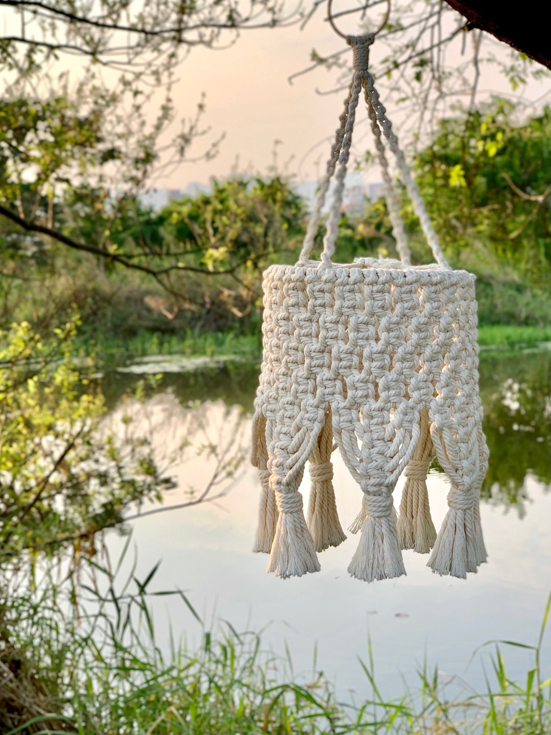 【Macrame 手工 编织 露营灯】附LED充电灯泡 - 露营用品 - 棉 白色