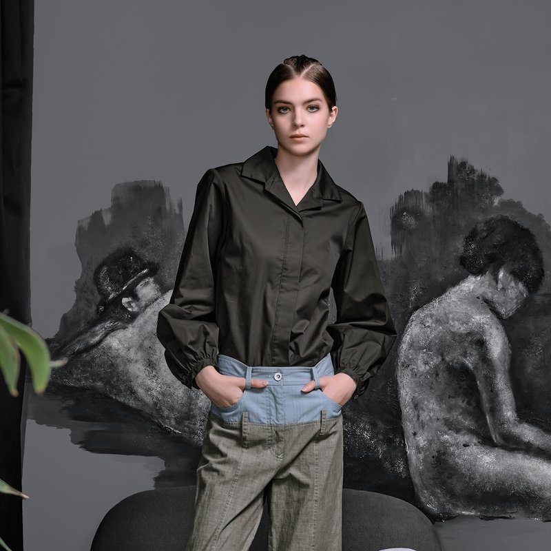 如初西装领抛袖衬衫 - 女装衬衫 - 棉．麻 绿色