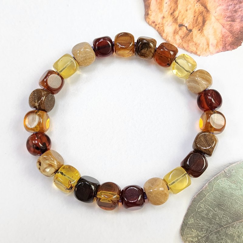 腾彪琥珀 天然琥珀蜜蜡 琥珀多宝色 小巧糖果形 经典单圈 手链 - 手链/手环 - 半宝石 金色