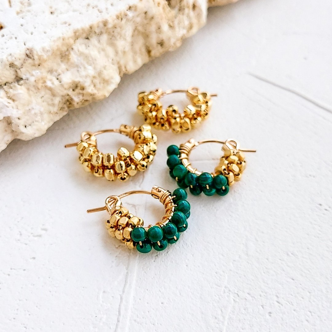 Happy bag 14kgf Malachite + Gold square wrapped earrings set - 耳环/耳夹 - 宝石 绿色