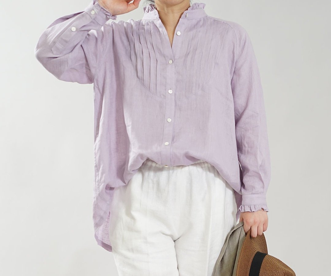 wafu  Linen blouse / tops / shirts / long sleeve / frill / purple t033b-wpl1 - 女装衬衫 - 棉．麻 紫色
