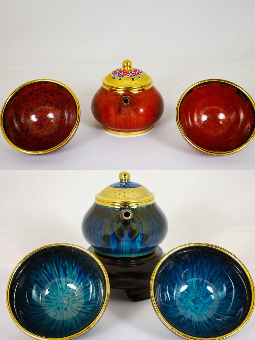 【大立窑】鎏金 天目潘壶组 (一壶二杯) 苍穹蓝天目 金漆红天目 - 茶具/茶杯 - 瓷 