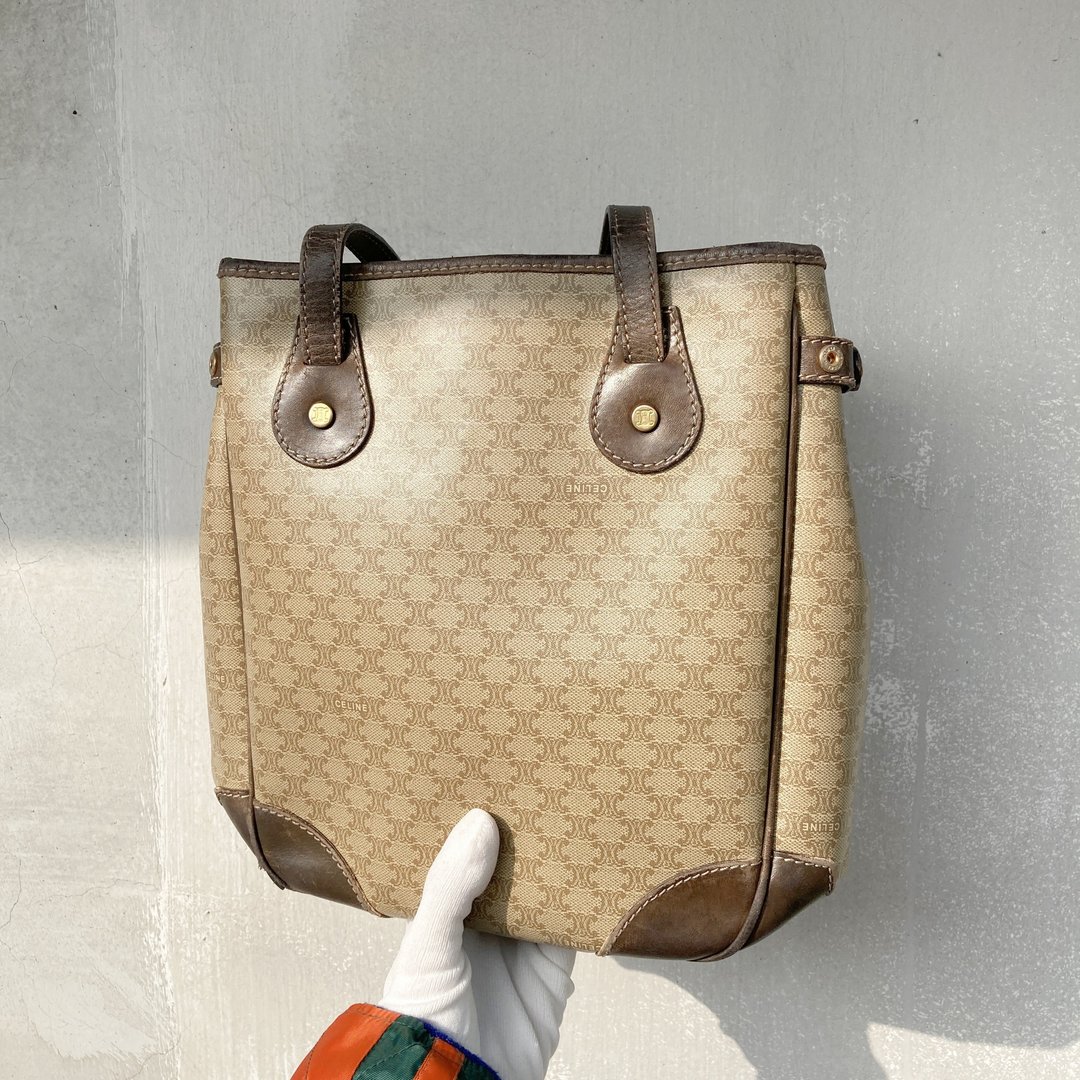 CELINE 老花 牛皮带 Monogram胶皮 实用 古董包 VINTAGE 复古 - 手提包/手提袋 - 其他材质 卡其色
