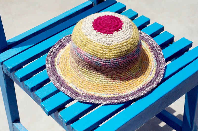 限量一件 手工编织棉麻帽/编织帽/渔夫帽/遮阳帽/草帽 - 条纹红色太阳 - 帽子 - 棉．麻 多色