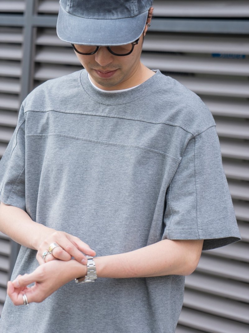 高品质花灰色拼接重磅面料圆领短袖T恤 明显落肩纯色宽松 - 男装上衣/T 恤 - 棉．麻 灰色
