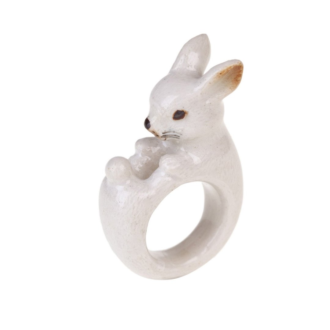 AndMary 手绘瓷戒指-白兔 礼盒装 Lucky White Rabbit Ring - 戒指 - 瓷 白色