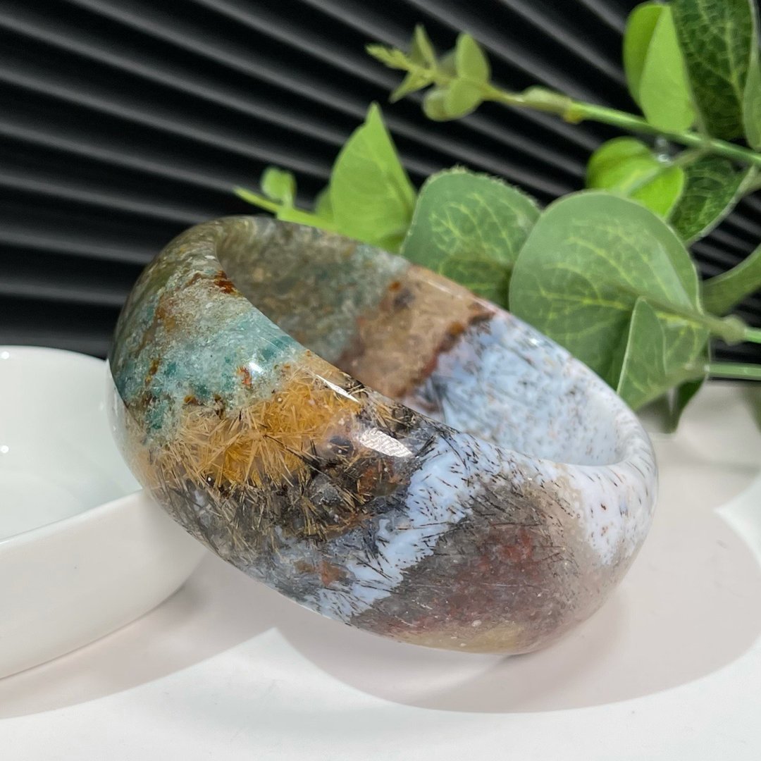 优质玉化发丝玛瑙手镯60MM 共生红发金发铜发带星光多彩玛瑙手环 - 手链/手环 - 半宝石 