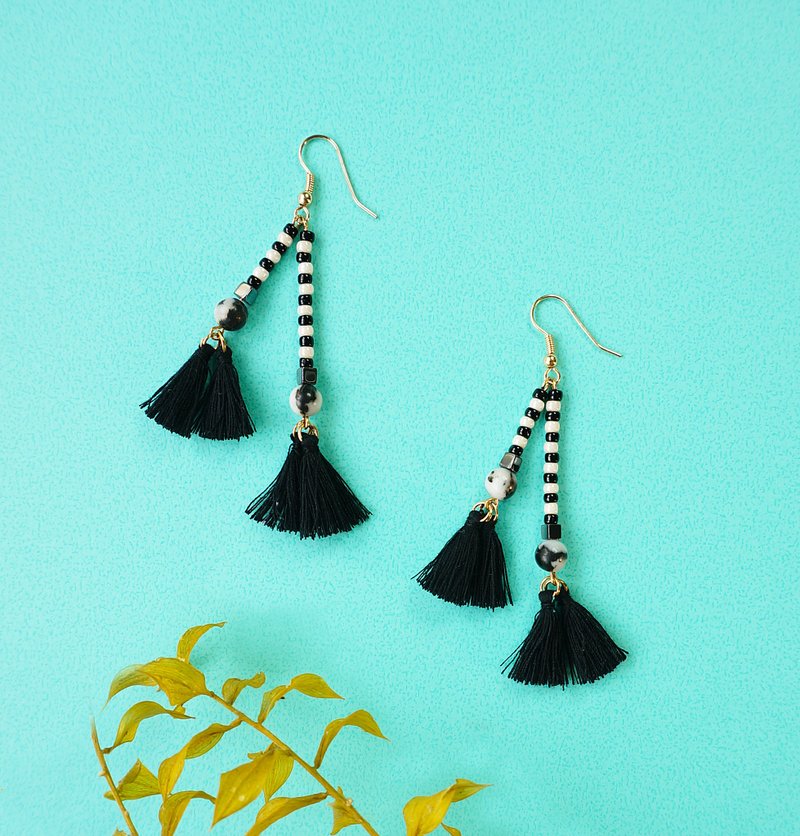 个性黑白-斑马石 黑胆石 流苏耳环 - 耳环/耳夹 - 绣线 黑色