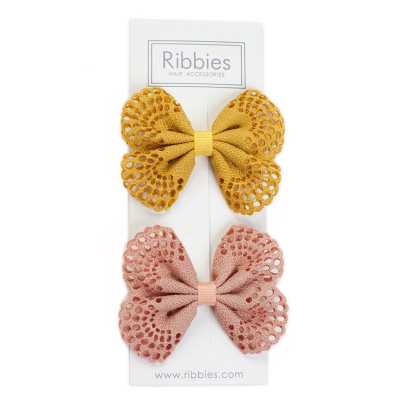 英国Ribbies 典雅洞洞蝴蝶结发夹(2入)-黄/玫瑰粉 蝴蝶结 - 发饰 - 聚酯纤维 