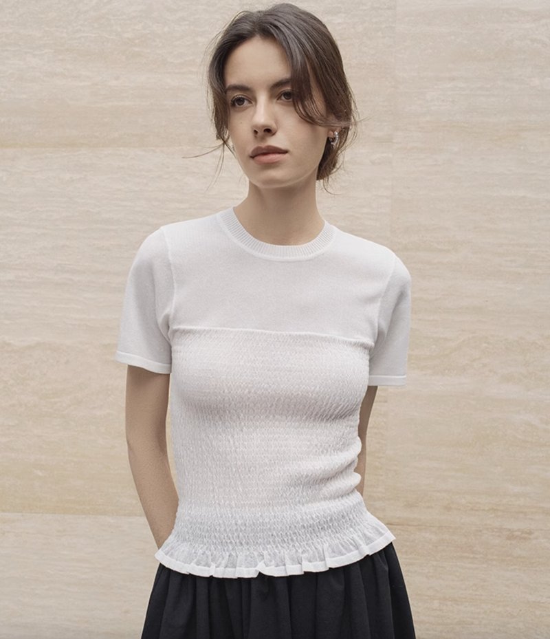 法式极简 醋酸抽褶花边 针织短袖T恤 - 女装 T 恤 - 其他材质 多色