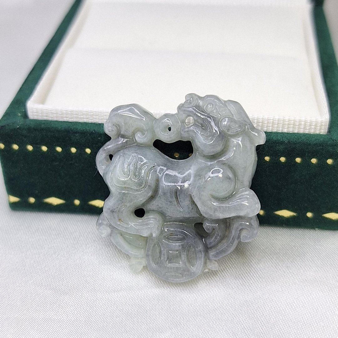 冰胶 乌鸡 如意铜钱 貔貅吊坠 | 天然缅甸玉A货翡翠 - 项链 - 玉石 