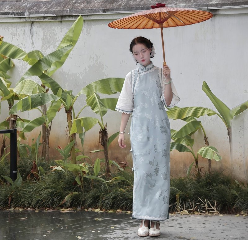 【天青水碧】新中式民国复古风 人丝提花假两件旗袍 - 旗袍 - 其他材质 蓝色